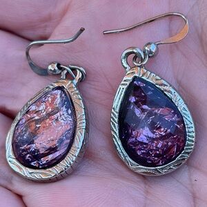 Purple Teardrop Silver Tone Dangle Earrings